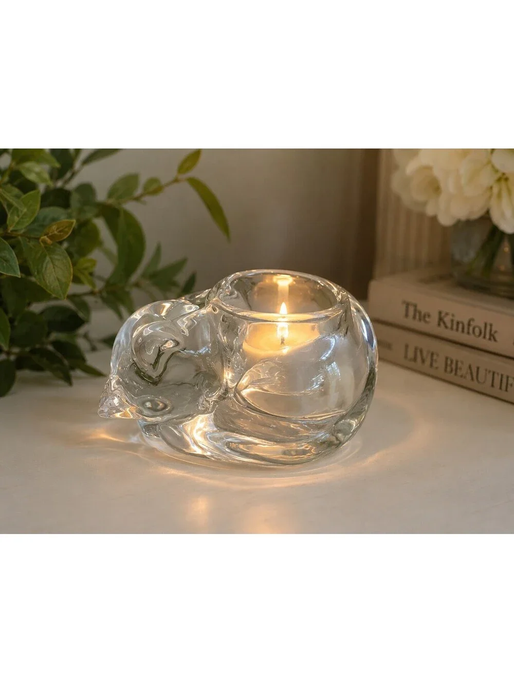 Vintage Clear Indiana Glass Sleeping Cat Tealight Candle Holder Clear w/sticker